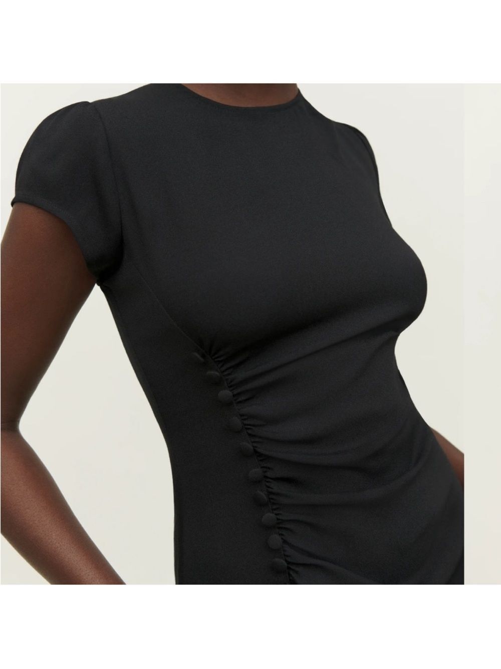 Reformation Selena Black Mini Dress Ruched Side Slit Short Sleeve - Picture 6 of 8